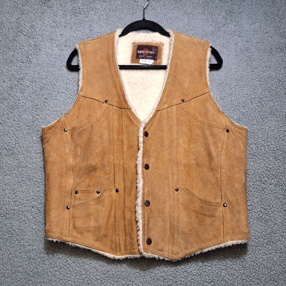 Vintage Kingsport Leather Vest Mens L Brown Sherpa Lined Western Ranch‎ Korea